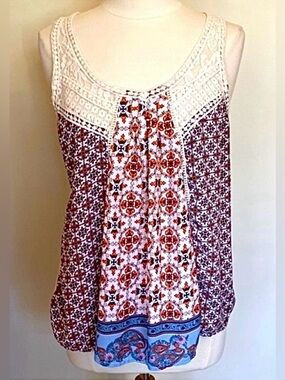 Skylar & Jade Cream Blue Red Geometric XL Lace Crochet Boho Hippie Festival Top